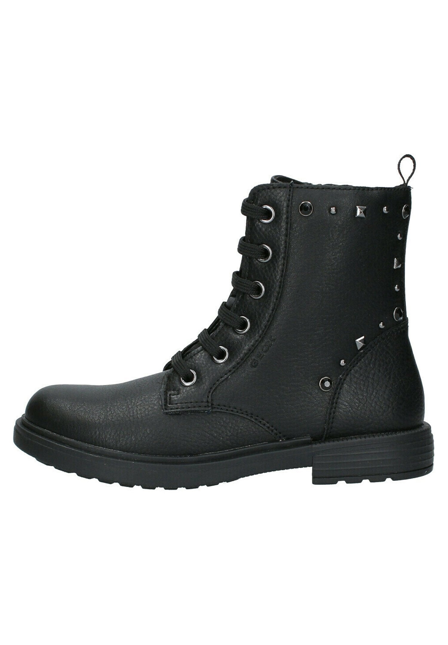 Schwarze Leder-Schnürboots bis zur Wadenmitte mit Nietenakzenten an der Ferse und oberen Kante, strukturierter Oberfläche und Zuglasche hinten.