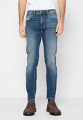Dunkelblaue Jeans aus Denim mit schlanker Passform, leichter Used-Optik, Fünf-Taschen-Design sowie Reißverschluss und Knopfverschluss.