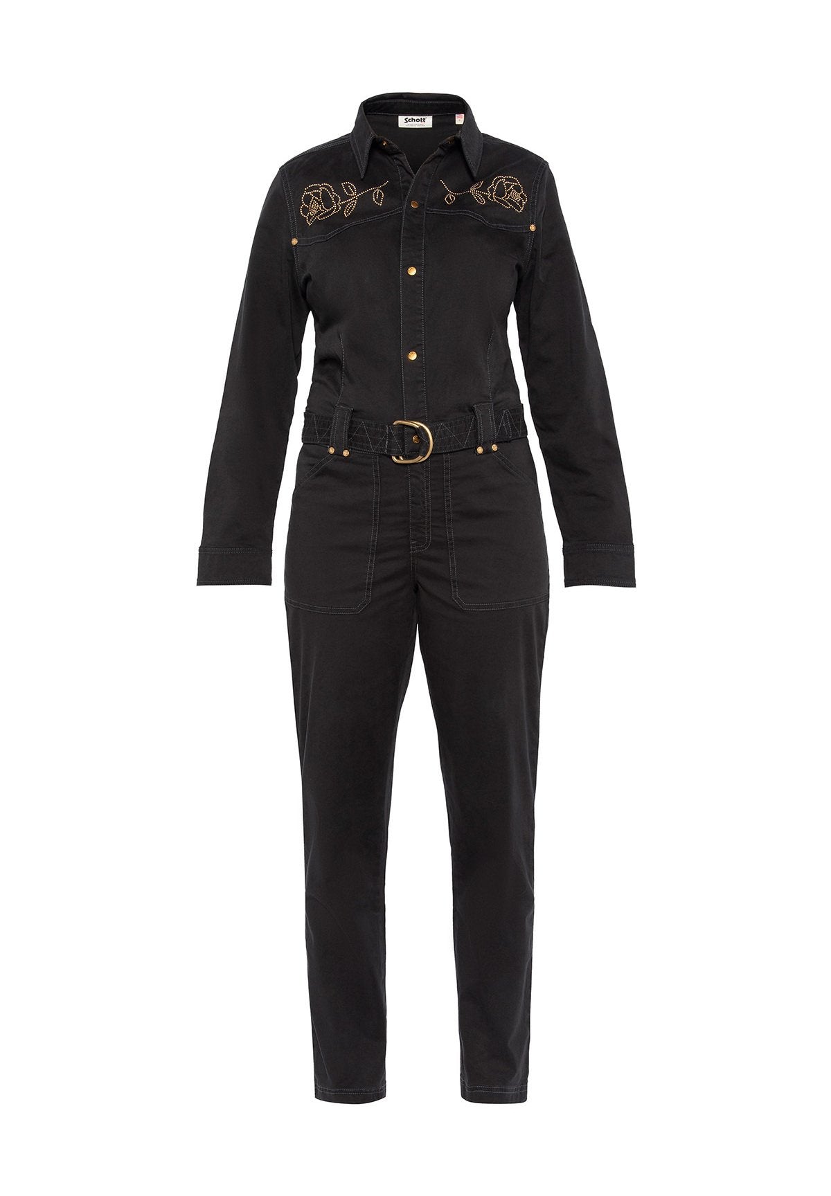 Schwarzer Jumpsuit mit langen Ärmeln, Knopfverschluss vorne, goldenen Rosenstickereien auf der Brust, passendem Stoffgürtel mit goldener Schnalle und vorderen aufgesetzten Taschen.
