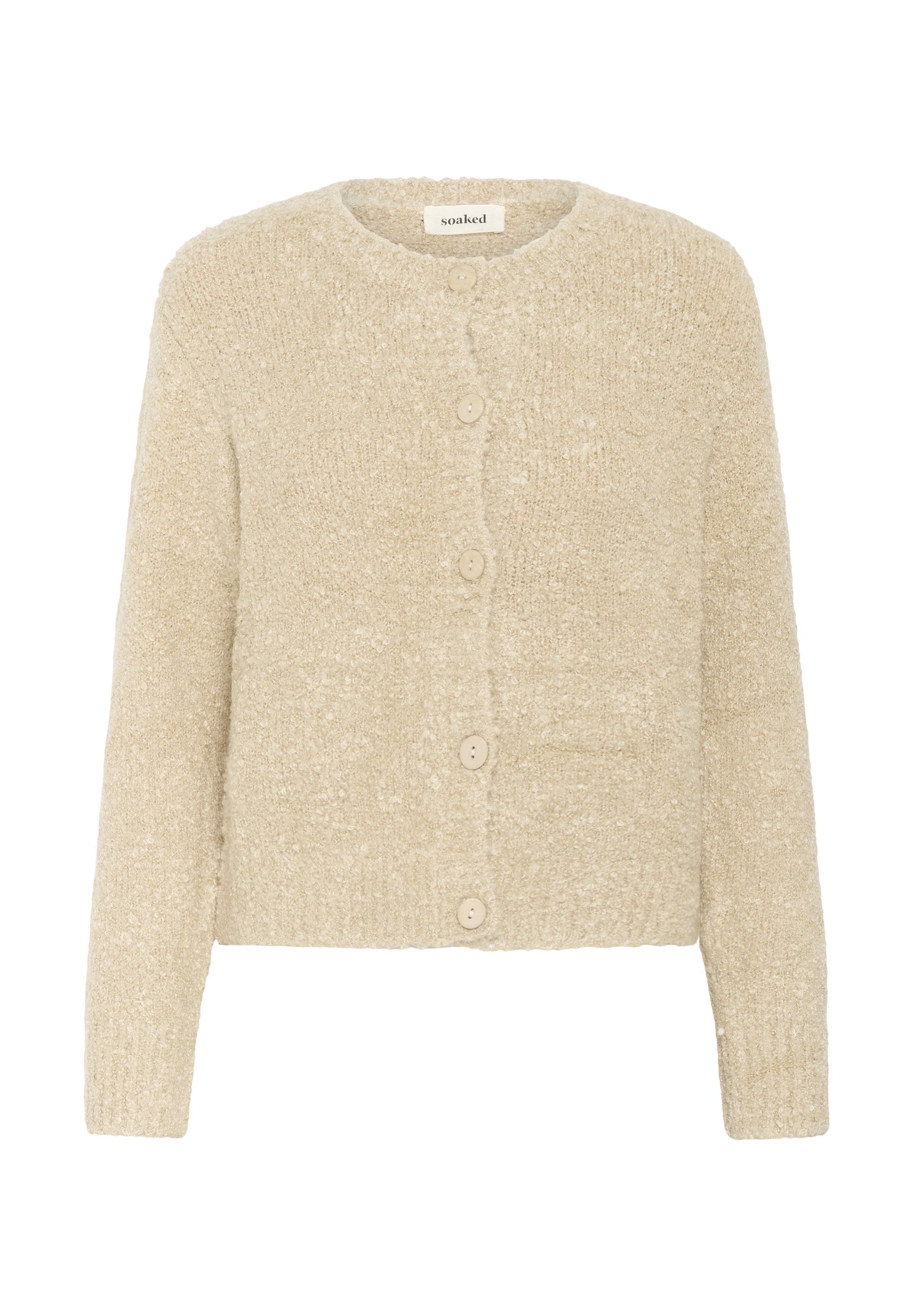 Beiger Strickcardigan mit rundem Ausschnitt, langen Ärmeln, strukturiertem Stoff und fünf Knopfverschluss mit hellen Knöpfen.