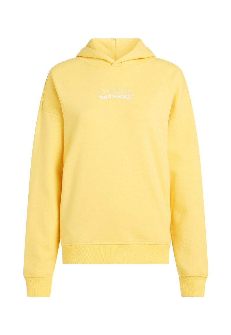 Gelber Kapuzenpullover aus weichem Stoff mit entspannter Passform. Mit dem weißen Text "The Future Surf Society" auf der Brust.