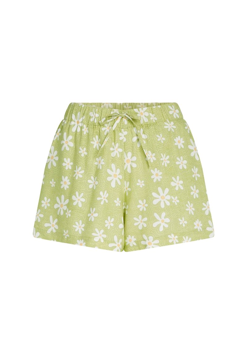 Grüne Shorts mit einem floralen Muster in Weiß und Gelb, ausgestattet mit einem elastischen Bund und einem Kordelzug.