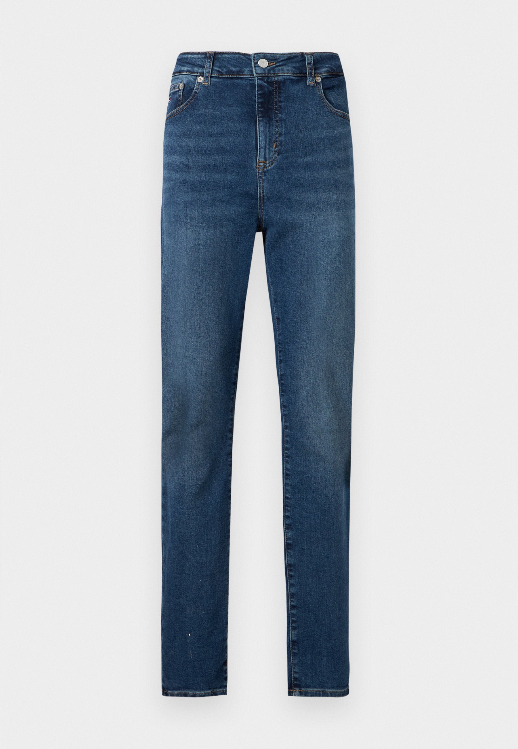 Hoch taillierte Straight-Leg-Jeans aus dunkelblauem Denim. Mit fünf Taschen, Metallknopf und Reißverschluss. Glatte Textur mit leichtem Ausbleichen.