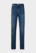 Hoch taillierte Straight-Leg-Jeans aus dunkelblauem Denim. Mit fünf Taschen, Metallknopf und Reißverschluss. Glatte Textur mit leichtem Ausbleichen.