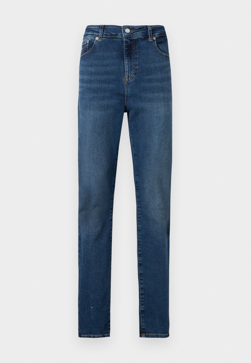 Hoch taillierte Straight-Leg-Jeans aus dunkelblauem Denim. Mit fünf Taschen, Metallknopf und Reißverschluss. Glatte Textur mit leichtem Ausbleichen.