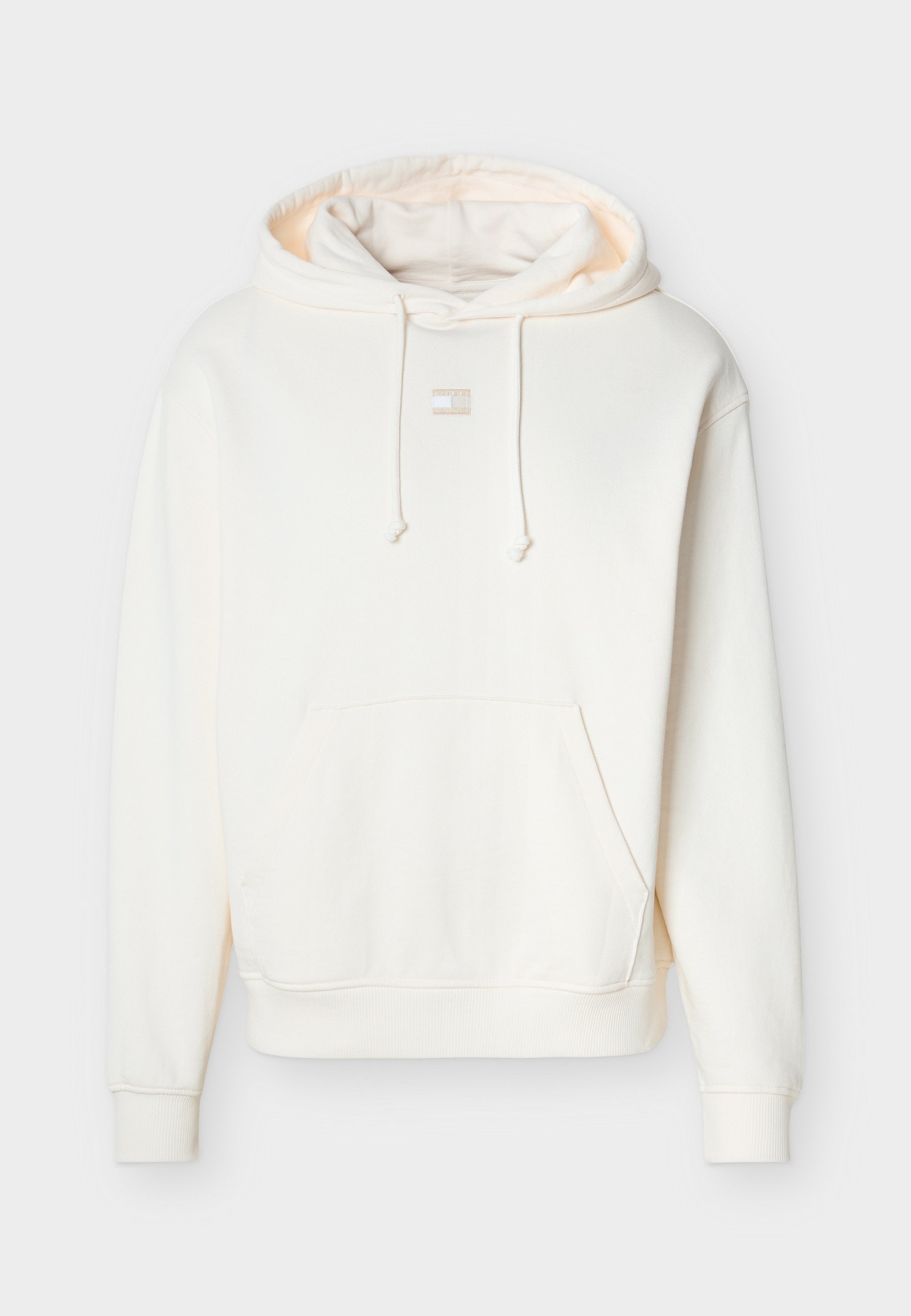 Offwhite Kapuzenpullover mit Kängurutasche vorne, Kordelzugkapuze, gerippten Bündchen und Saum sowie einem kleinen quadratischen Logo auf der Brust.
