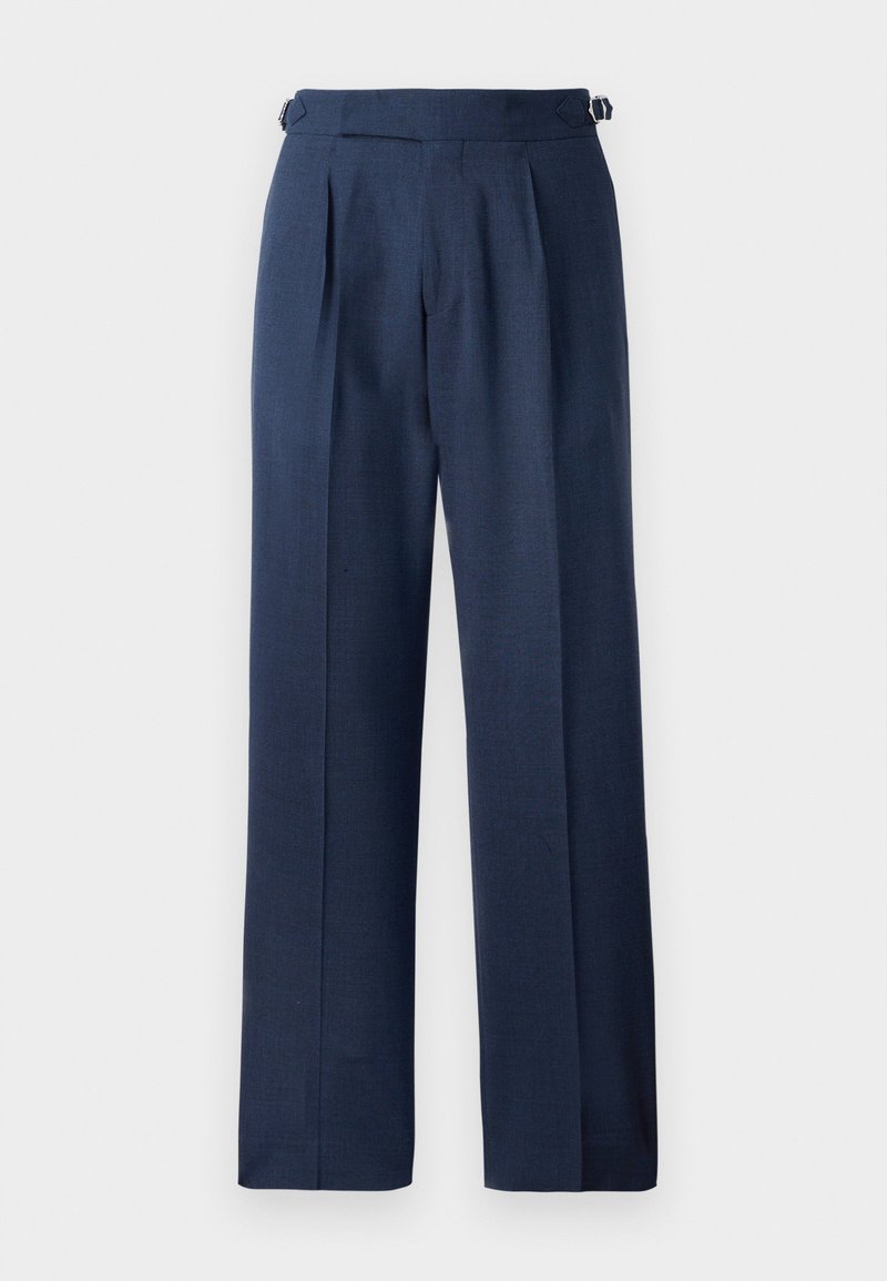 Taillierte marineblaue Hosen aus strukturiertem Stoff, mit hoher Taille, Falten und verstellbaren Seitenträgern für eine optimale Passform.
