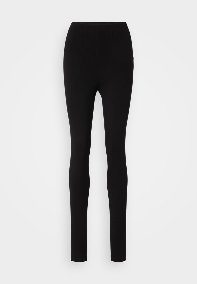 Schwarze Leggings mit schlankem Schnitt, hohem Bund und glattem Stoff. Keine sichtbaren Nähte oder Muster, mit einem einfachen und minimalistischen Design.