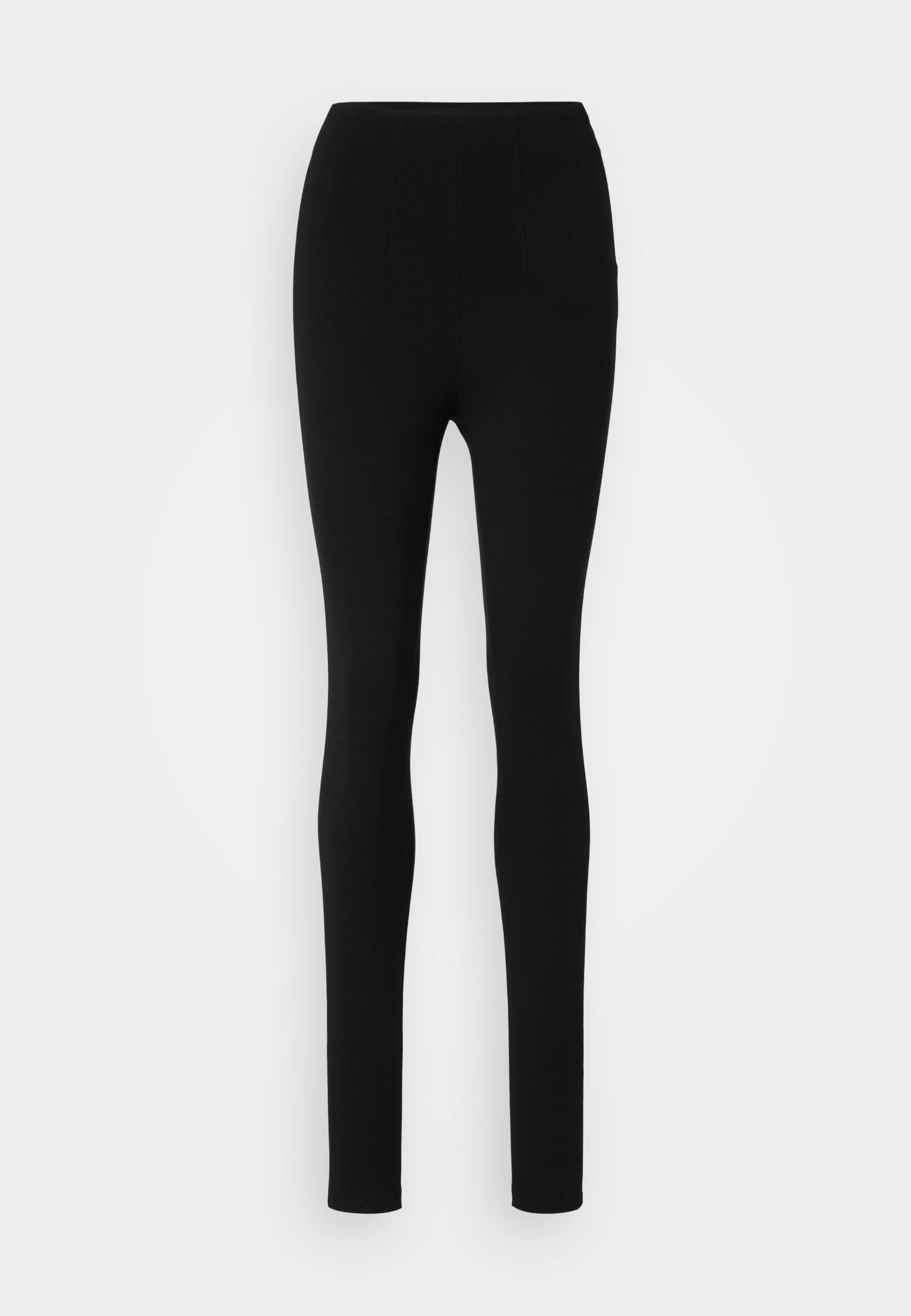 Schwarze Leggings mit schlankem Schnitt, hohem Bund und glattem Stoff. Keine sichtbaren Nähte oder Muster, mit einem einfachen und minimalistischen Design.