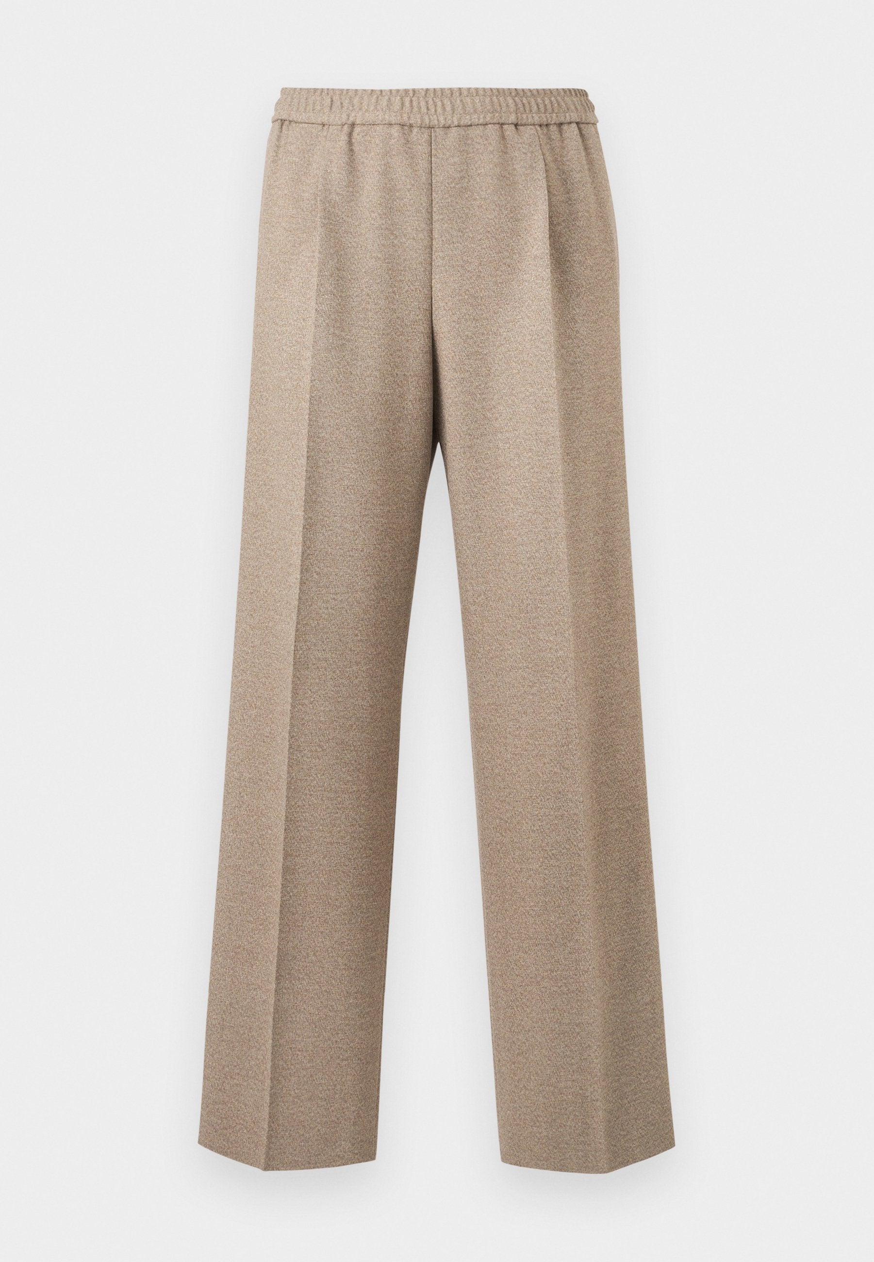 Beige gerade geschnittene Hose mit elastischem Bund und gebügelten Bügelfalten auf der Vorderseite jeder Hose.