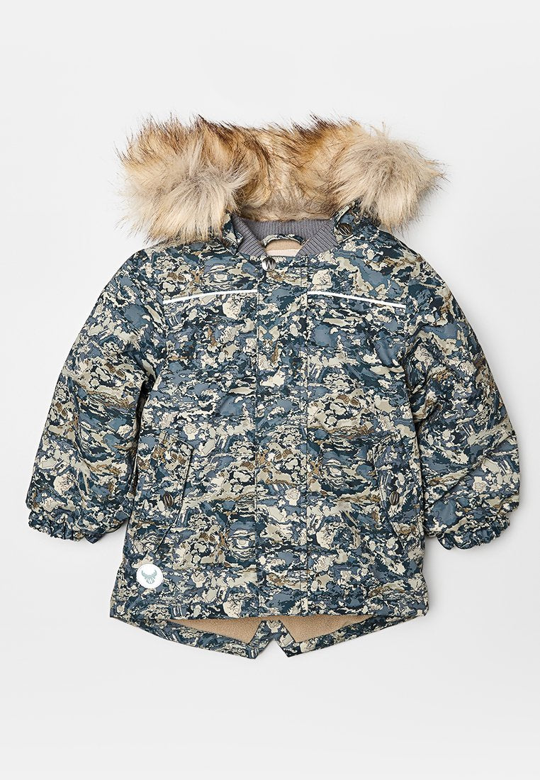 Blauer und beiger gemusterter gepolsterter Parka mit einer Kapuze aus Kunstfell und silberner Hardware. Verfügt über seitliche Taschen und einen durchgehenden Reißverschluss.