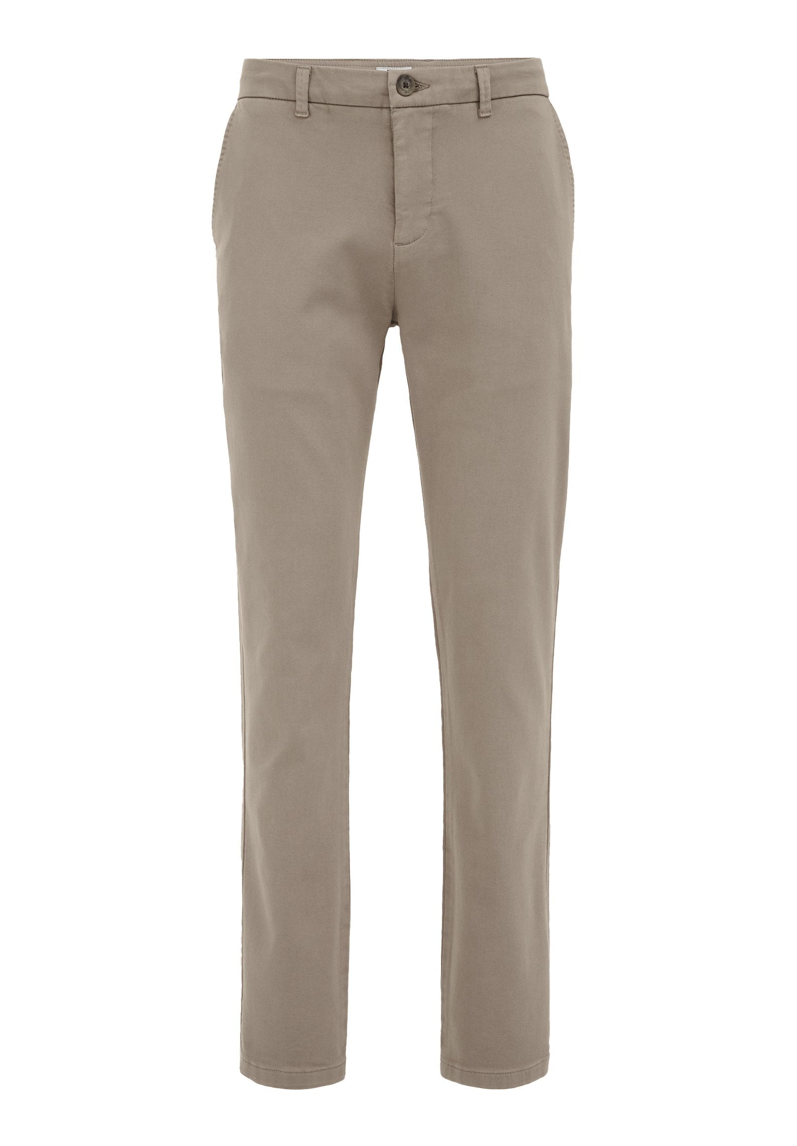 Beige Chinos mit flacher Vorderseite, fünf Gürtelschlaufen und Seitentaschen. Hergestellt aus glattem Baumwollstoff, mit schmal zulaufendem Bein für eine figurschmeichelnde Passform.