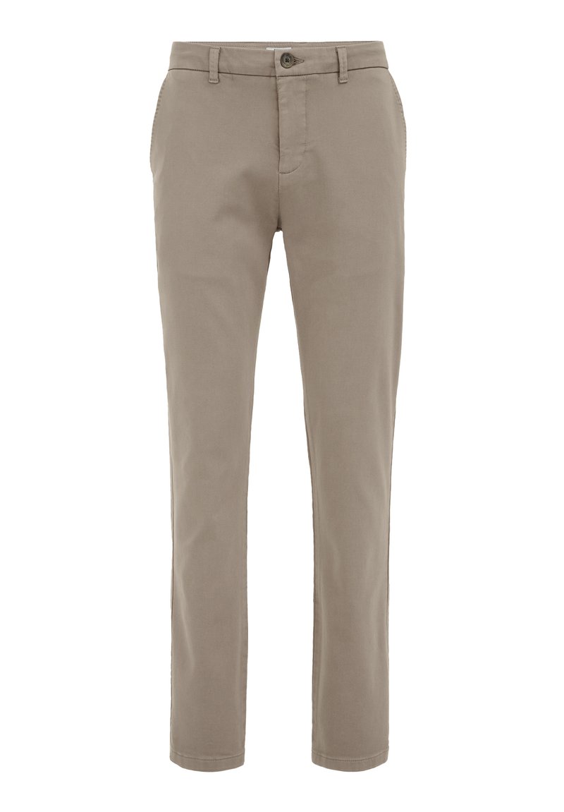 Beige Chinos mit flacher Vorderseite, fünf Gürtelschlaufen und Seitentaschen. Hergestellt aus glattem Baumwollstoff, mit schmal zulaufendem Bein für eine figurschmeichelnde Passform.