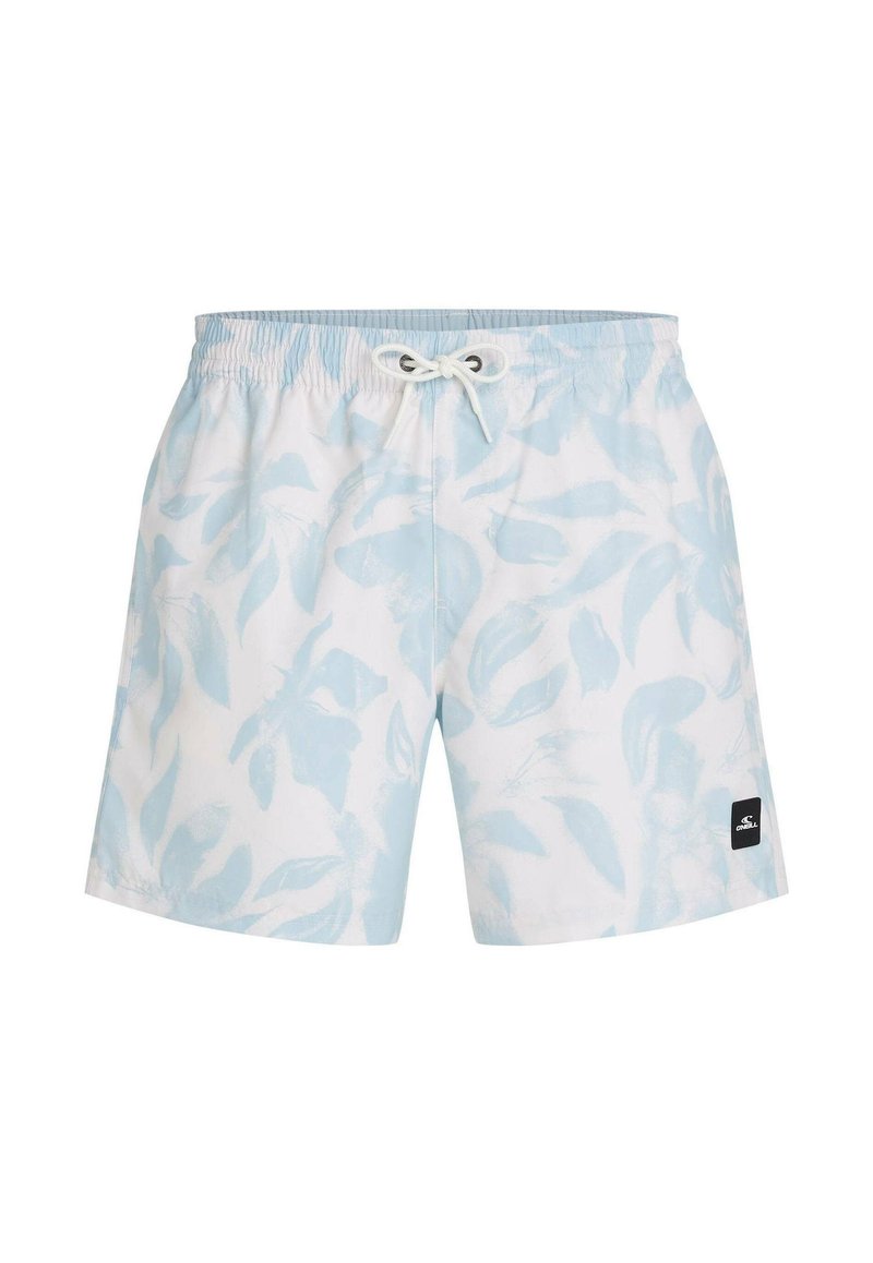 Hellblaue und weiße Badeshorts mit dezentem Blattmuster, elastischem Bund, weißem Kordelzug und kleinem schwarzem Markenlogo am Saum.
