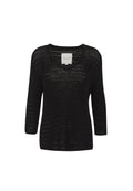 Schwarzer gestrickter Pullover mit V-Ausschnitt und Dreiviertelärmeln. Verfügt über eine lockere, offene Webstruktur und eine bequeme Passform.