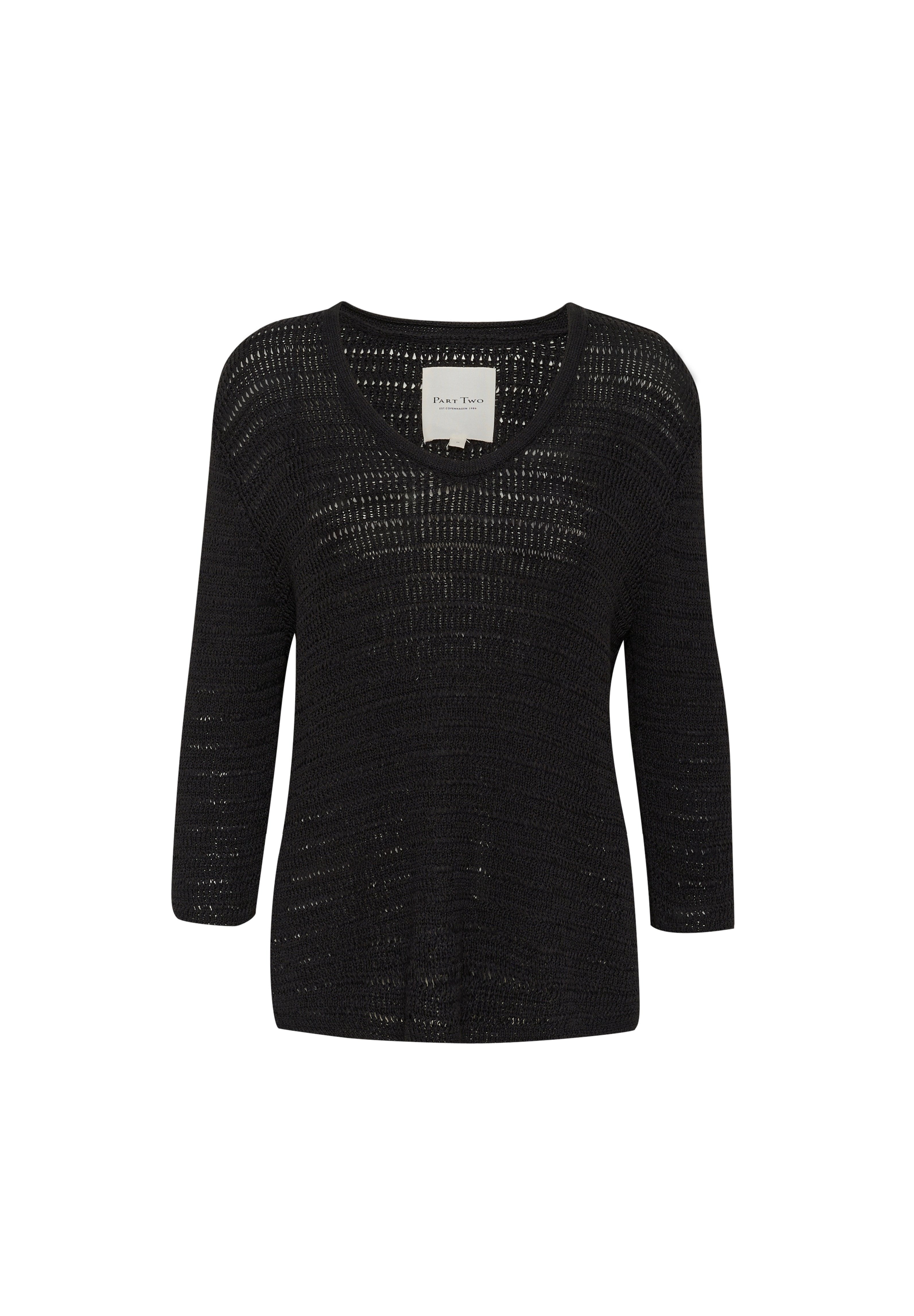 Schwarzer gestrickter Pullover mit V-Ausschnitt und Dreiviertelärmeln. Verfügt über eine lockere, offene Webstruktur und eine bequeme Passform.