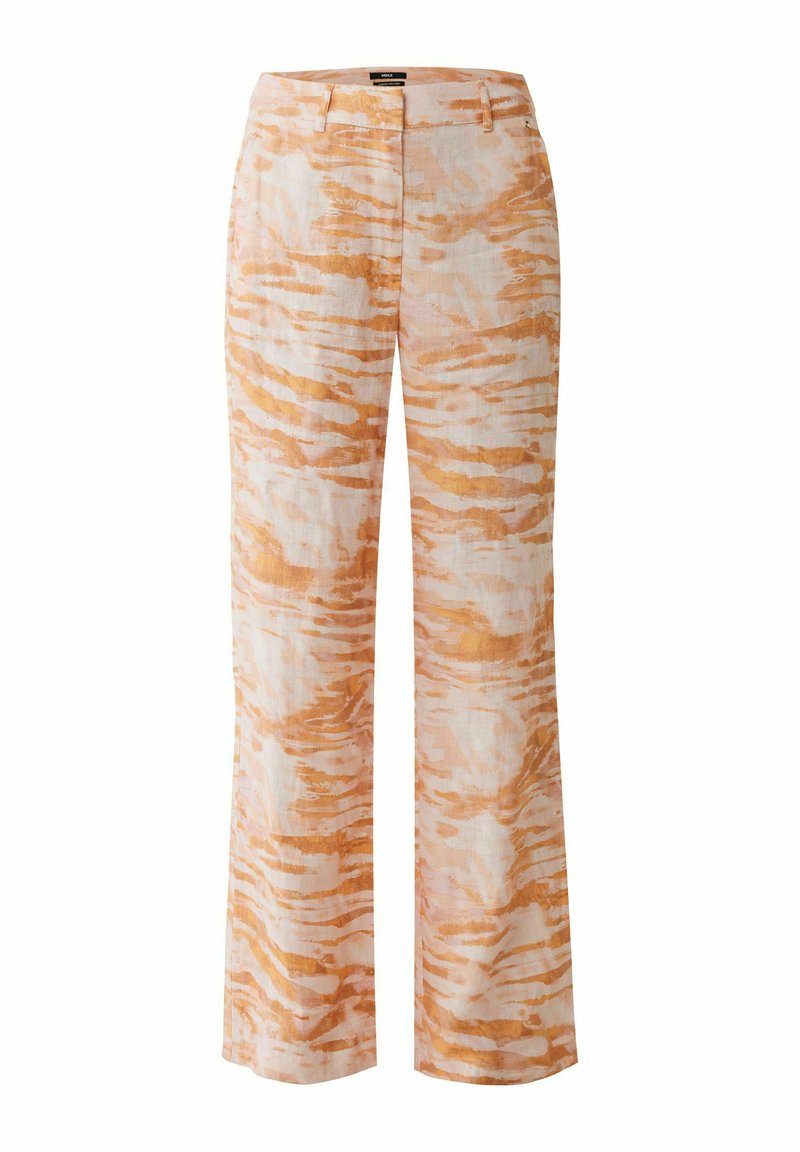 Leinen-Mix-Hosen in Hellbeige mit abstrakten orangen Streifen. Im klassischen Schnitt mit geradem Bein und vier Taschen. Weicher Stoff.