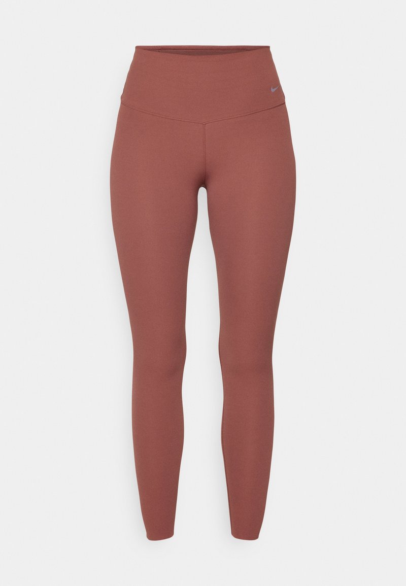 Leggings in einem rötlich-braunen Farbton aus dehnbarem Material. Mit einem hohen Bund und einem kleinen Markenlogo in der Nähe der Hüfte.