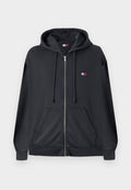 Schwarze Zip-Hoodie mit einer Kapuze mit Kordelzug, Fronttaschen, gerippten Bündchen und einem kleinen rot, weiß und blauen Logo auf der linken Brust.