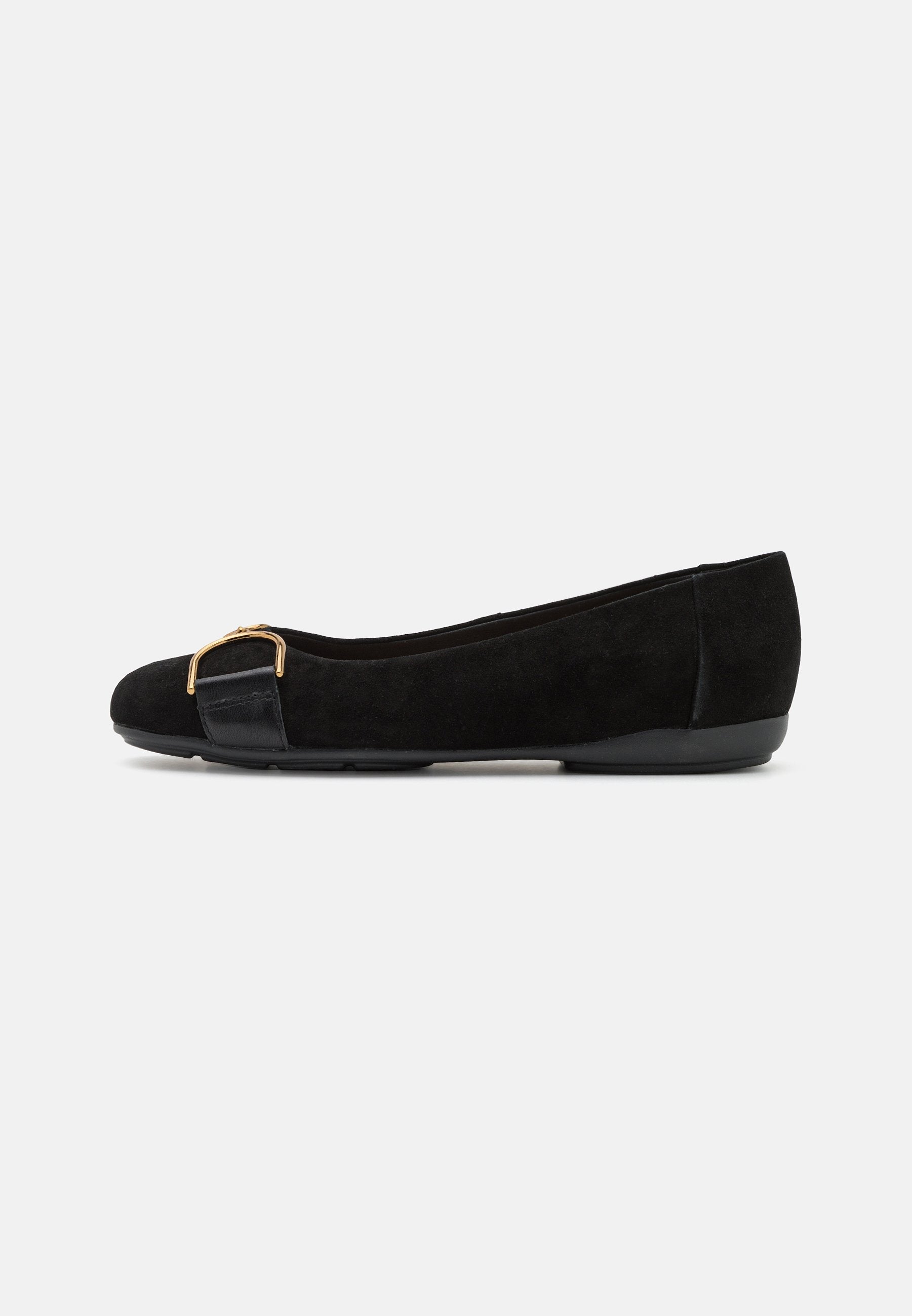 Schwarze Wildleder-Ballettschuhe mit runder Spitze, ausgestattet mit einem schwarzen Lederriemen und einer goldenen Schnallenakzentvorn. Flache Gummisohle.