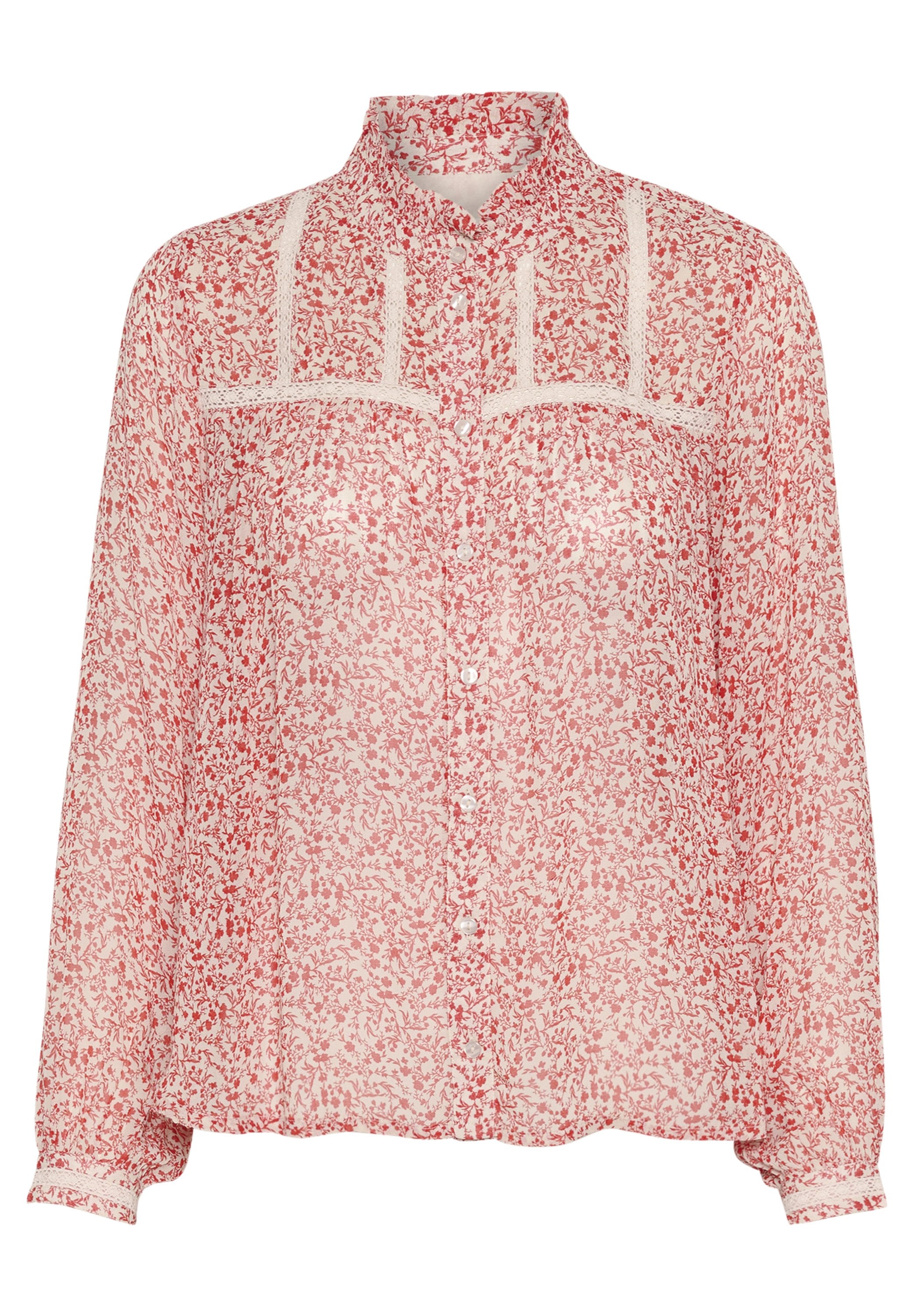 Rote Bluse mit floralem Muster und transparenter Textur, Knopfleiste und langen Ärmeln. Mit cremefarbenen Spitzenakzenten entlang des Jochs und der Ärmelbündchen.