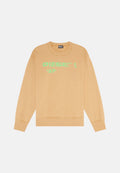 Beige Sweatshirt mit Rundhalsausschnitt, ausgestattet mit einem leuchtend grünen Grafikdesign des Wortes "DIESEL" und einem Augensymbol. Glatte Textur, entspannter Schnitt.