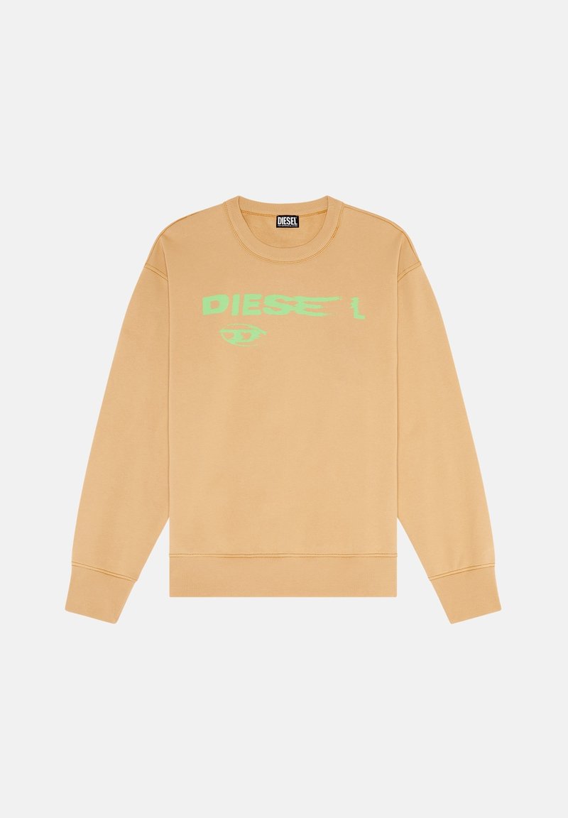 Beige Sweatshirt mit Rundhalsausschnitt, ausgestattet mit einem leuchtend grünen Grafikdesign des Wortes "DIESEL" und einem Augensymbol. Glatte Textur, entspannter Schnitt.