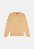 Beige Sweatshirt mit Rundhalsausschnitt, ausgestattet mit einem leuchtend grünen Grafikdesign des Wortes "DIESEL" und einem Augensymbol. Glatte Textur, entspannter Schnitt.