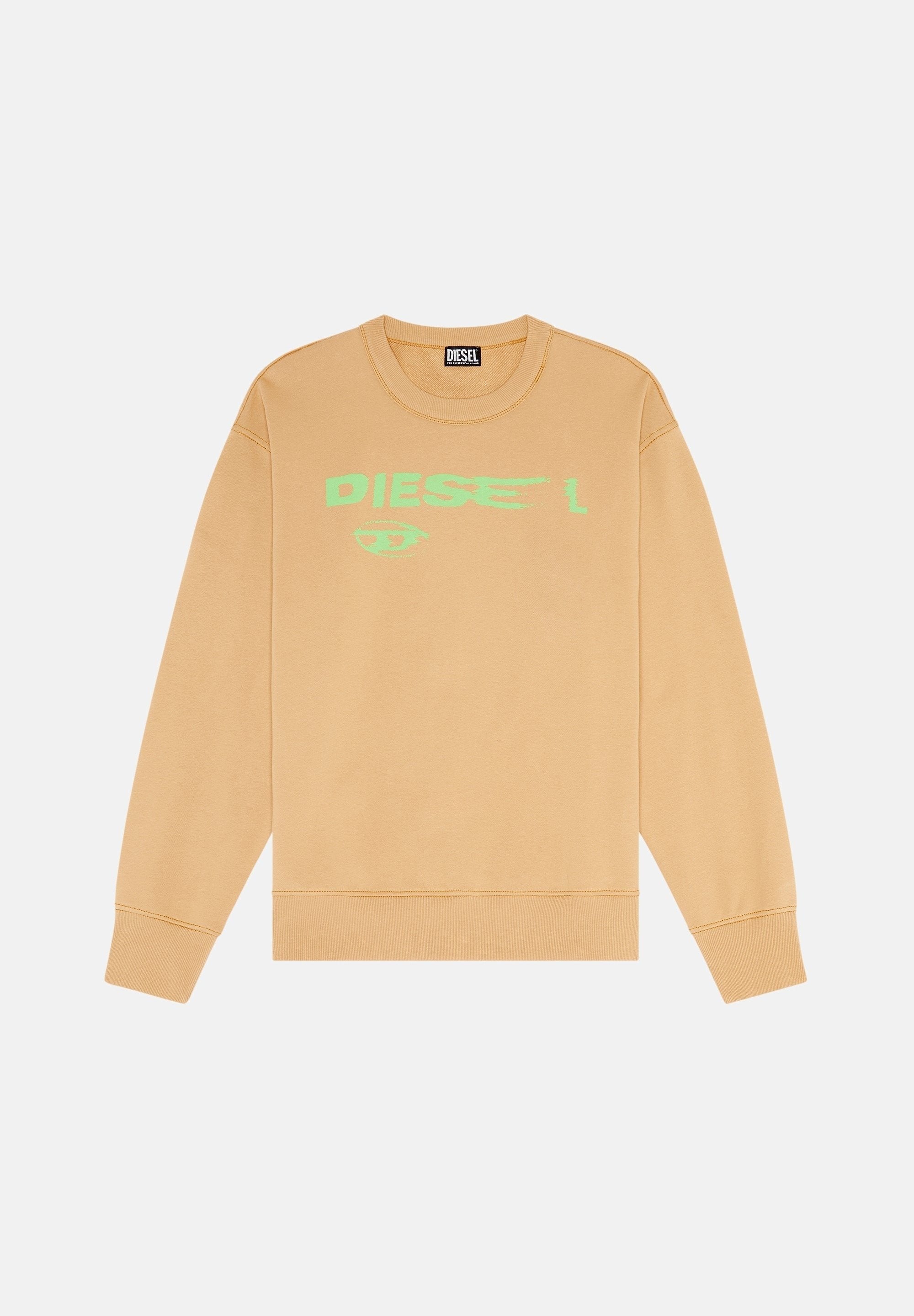 Beige Sweatshirt mit Rundhalsausschnitt, ausgestattet mit einem leuchtend grünen Grafikdesign des Wortes "DIESEL" und einem Augensymbol. Glatte Textur, entspannter Schnitt.
