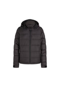 Schwarze gepolsterte Jacke mit Kapuze, ausgestattet mit einem Reißverschluss an der Vorderseite, seitlichen Taschen und elastischen Bündchen. Glatte Textur mit horizontalen Nähten.