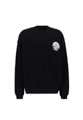 Schwarzer Sweatshirt aus weichem Stoff, mit einem runden Grafikdesign von Wellen auf der linken Brust. Gerippter Rundhalsausschnitt und Bündchen.