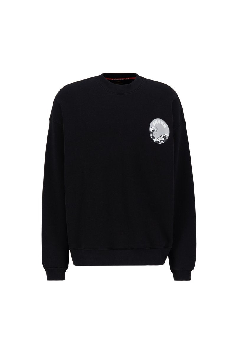 Schwarzer Sweatshirt aus weichem Stoff, mit einem runden Grafikdesign von Wellen auf der linken Brust. Gerippter Rundhalsausschnitt und Bündchen.