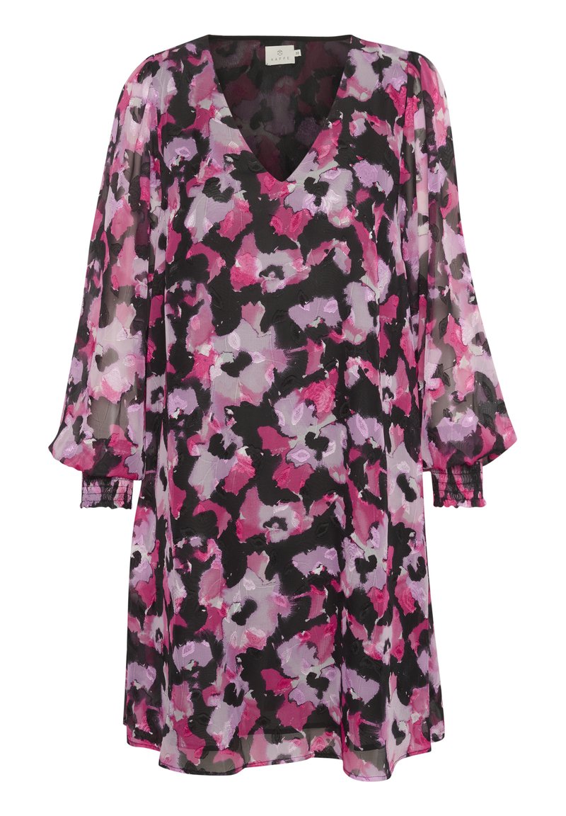 Durchsichtiges Kleid mit V-Ausschnitt, gerafften langen Ärmeln und einem schwarzen Grundton, das mit einem floralen Muster in Rosa, Lila und Weiß verziert ist.