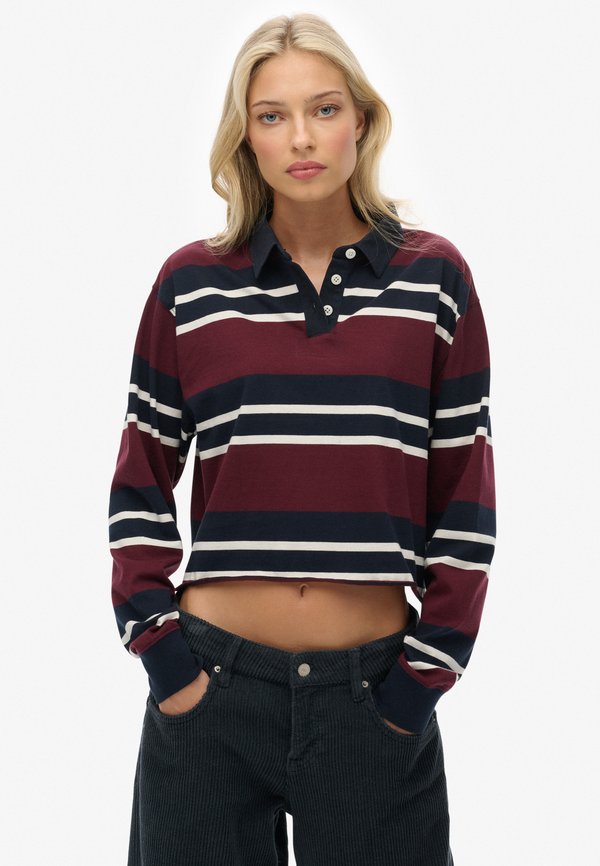 Superdry & Co ATHLETIC ESSENTIALS CROPPED STRIPE RUGBY  - Polo shirt - port red ecru stripe