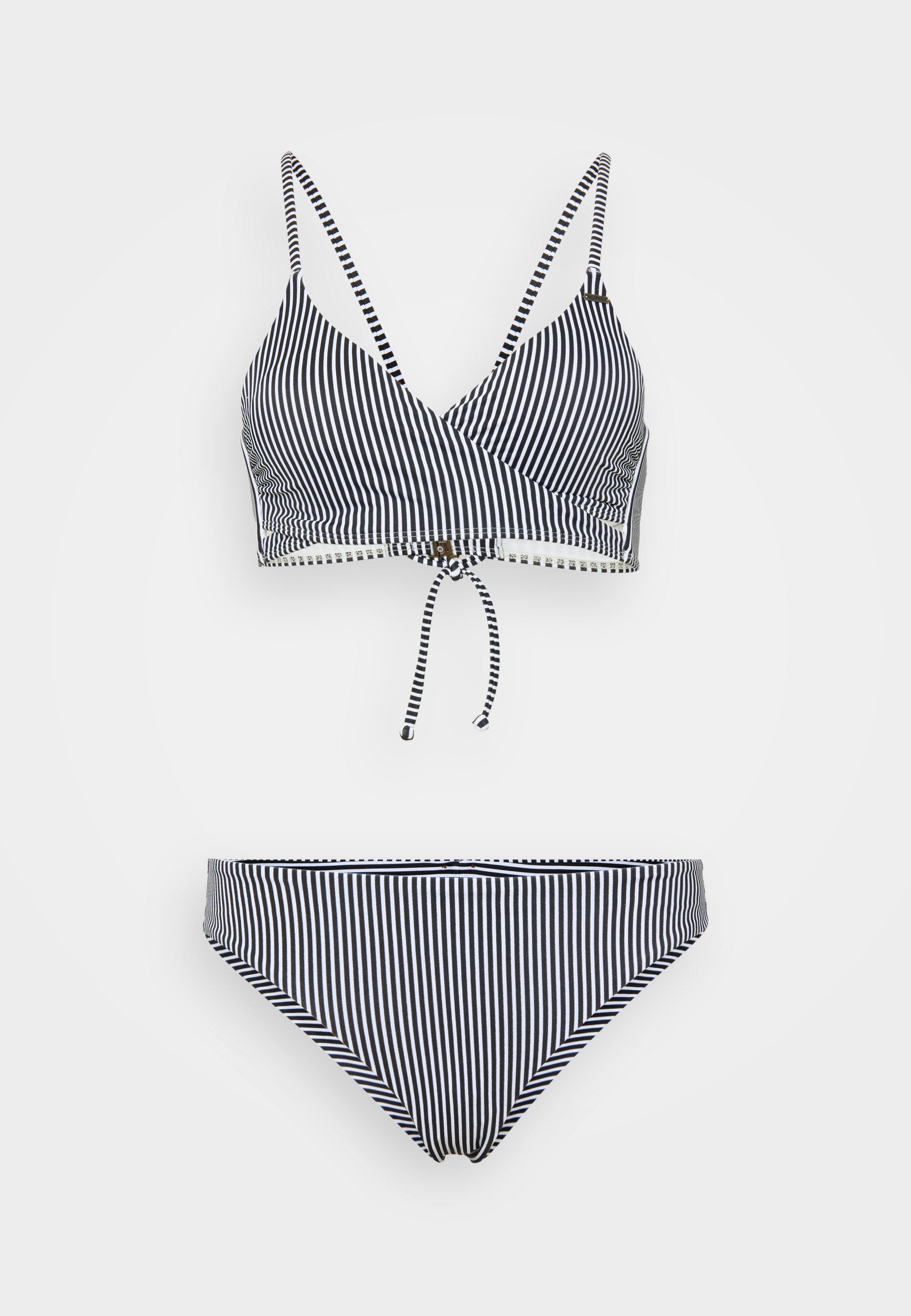 Gestreiftes Bikini-Set in Marineblau und Weiß. Das Bralette verfügt über verstellbare Träger und eine Bindeschleife, dazu passende tiefer geschnittene Bottoms. Glatte Textur.