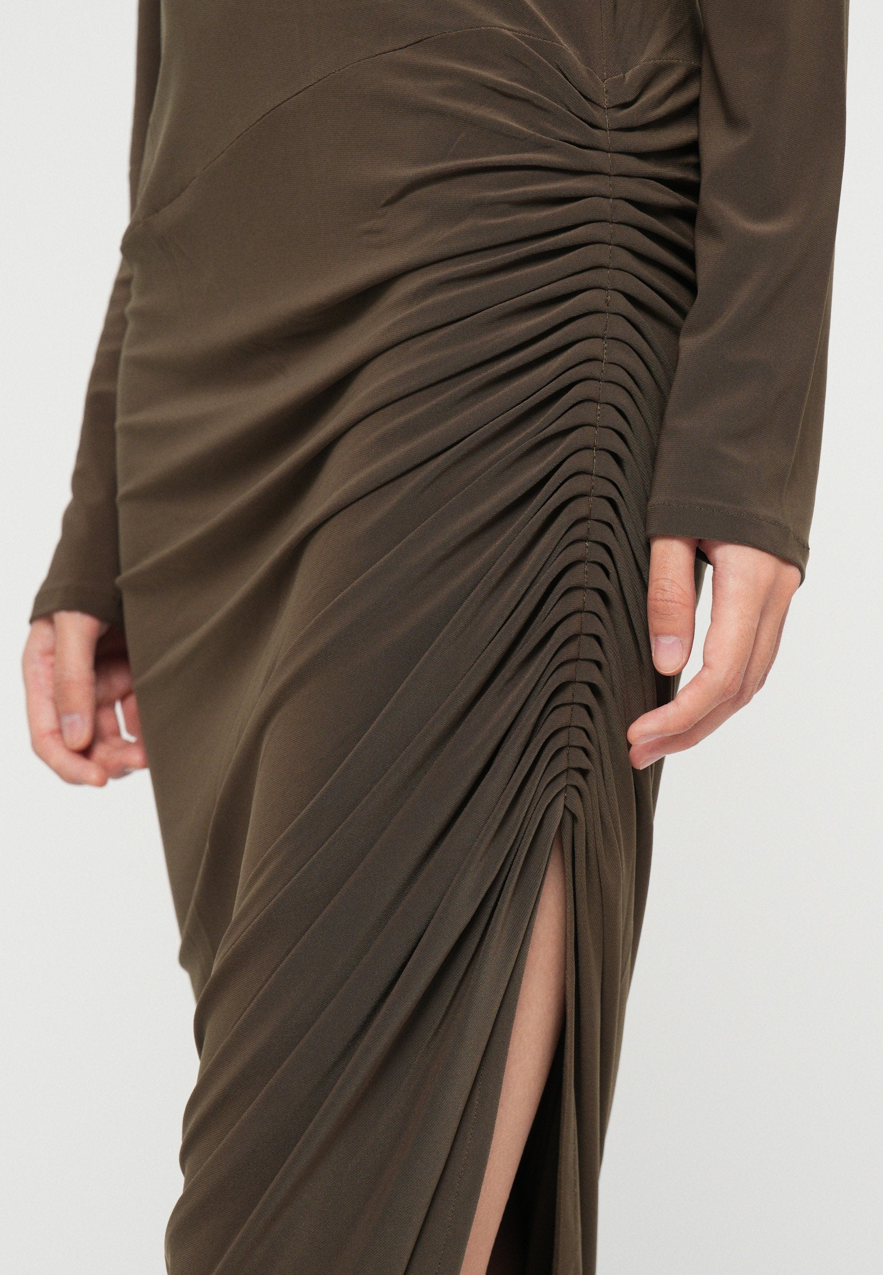Norma Kamali LONG SLEEVE TURTLENECK SIDE DRAPE DRESS TO MIDCALF