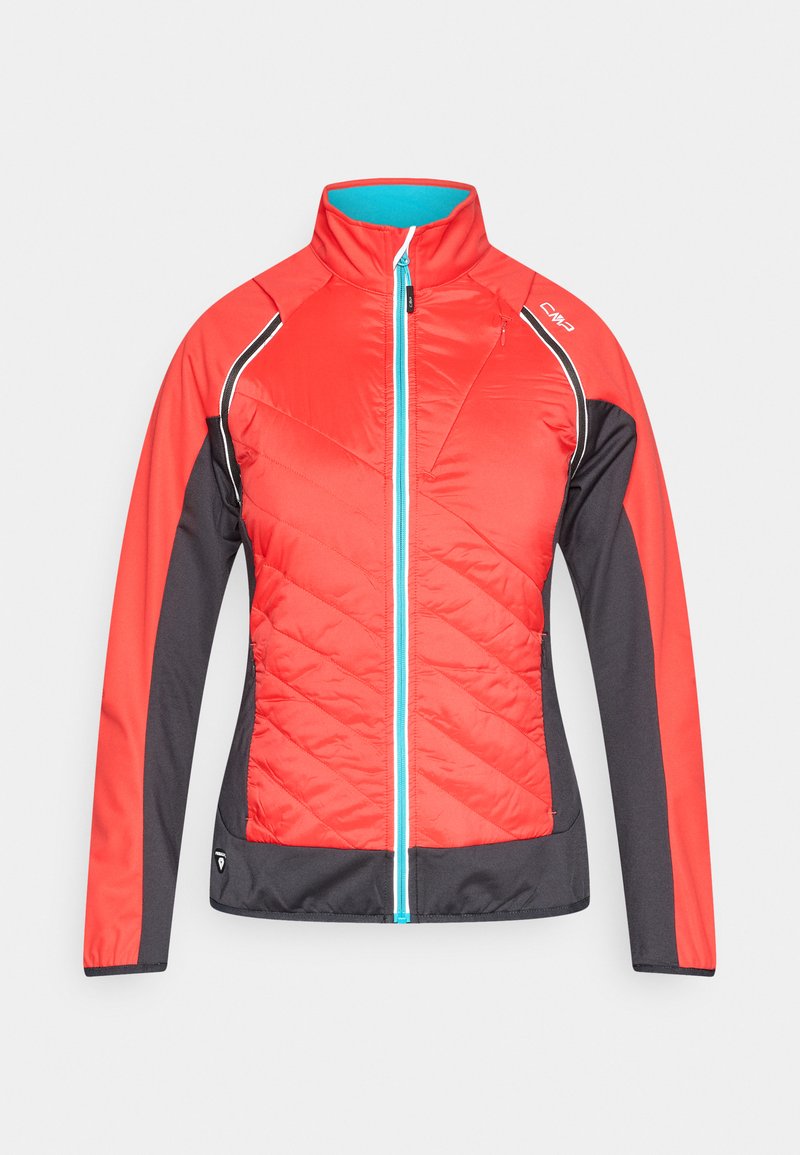 Rote und schwarze langärmelige isolierte Jacke mit türkisfarbenem Frontreißverschluss, hohem Kragen und reflektierenden Details an den Schultern, geeignet für Outdoorsport.