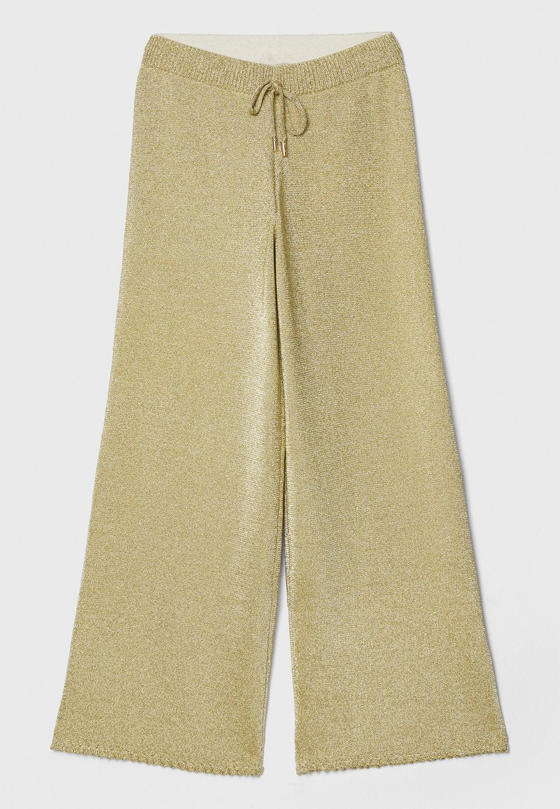 Goldfarbene, metallische Schlaghosen mit elastischem Bund und Kordelzug. Sie haben eine weiche Textur und ein gewelltes Saumdetail.