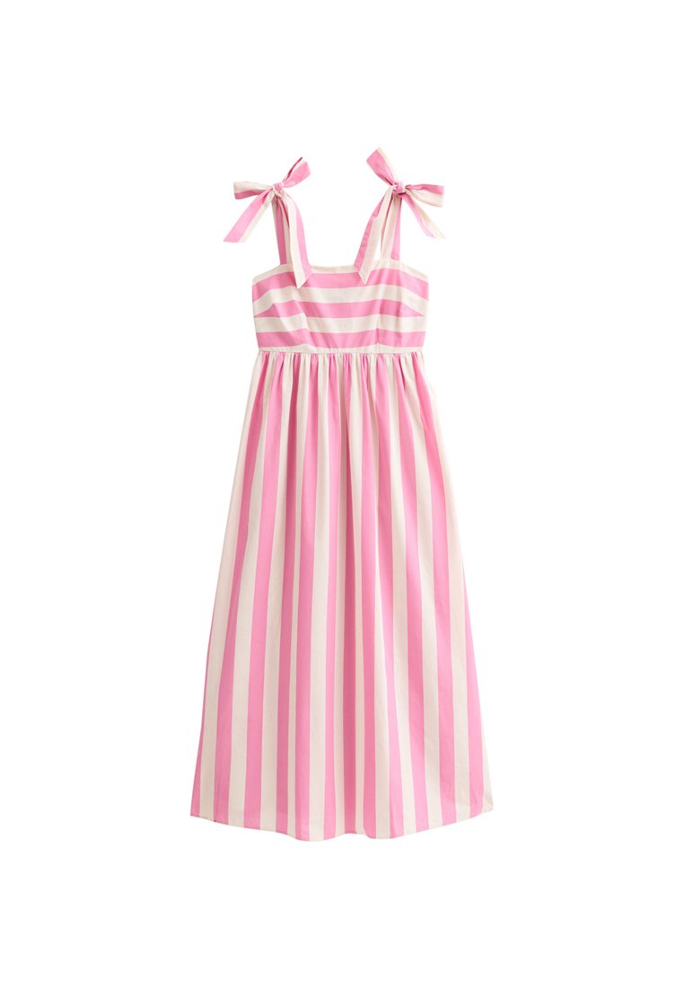 Gestreiftes Baumwollkleid mit rosa und weißen vertikalen Streifen, verstellbaren Bindeträgern, tailliertem Oberteil und einem schwingenden, gerafften Rock.