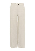 Helle beige Leinenhose im weit geschnittenen Design mit einem Frontknopfverschluss und glatter Textur, ohne Muster oder zusätzliche Verzierungen.