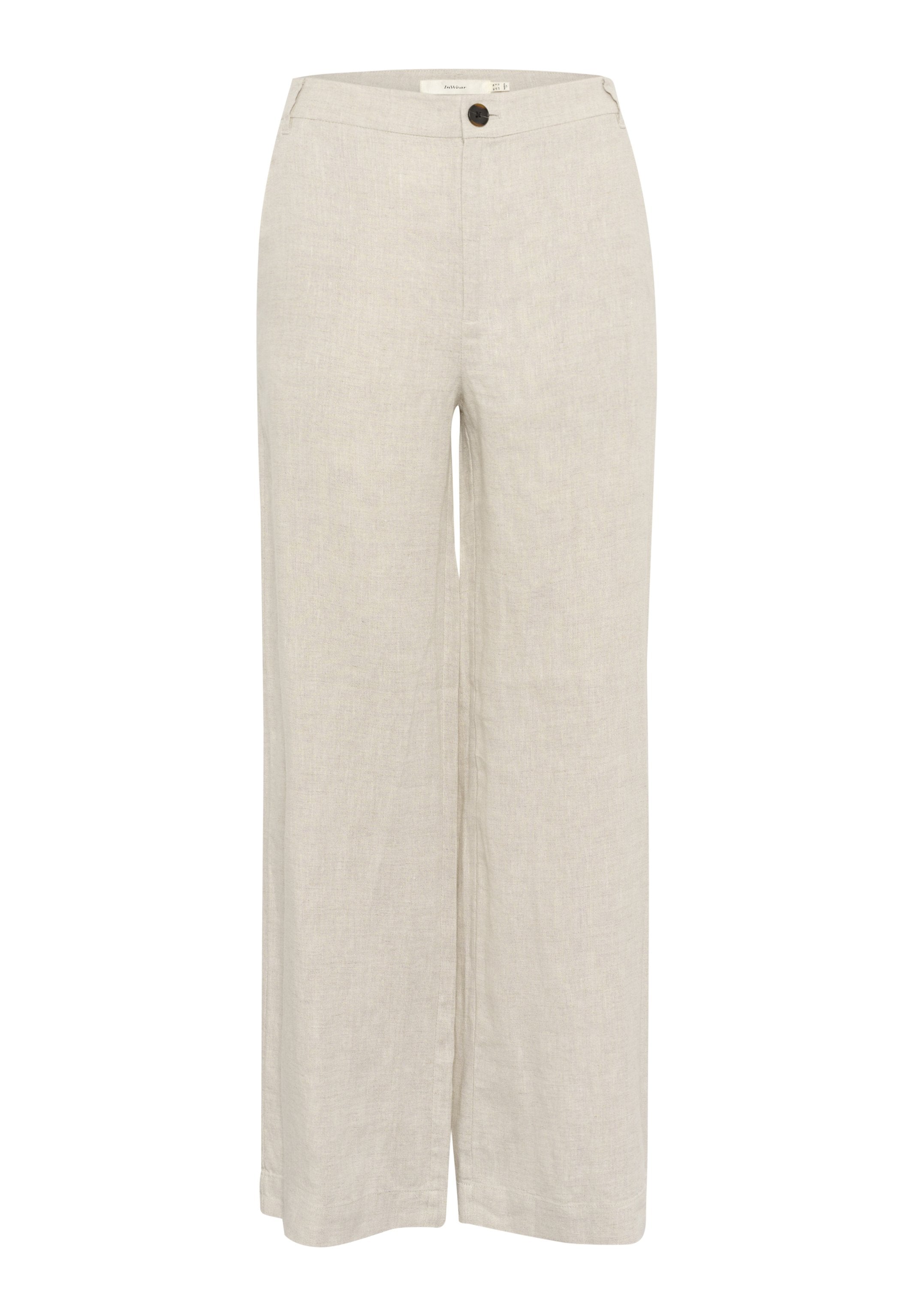 Helle beige Leinenhose im weit geschnittenen Design mit einem Frontknopfverschluss und glatter Textur, ohne Muster oder zusätzliche Verzierungen.
