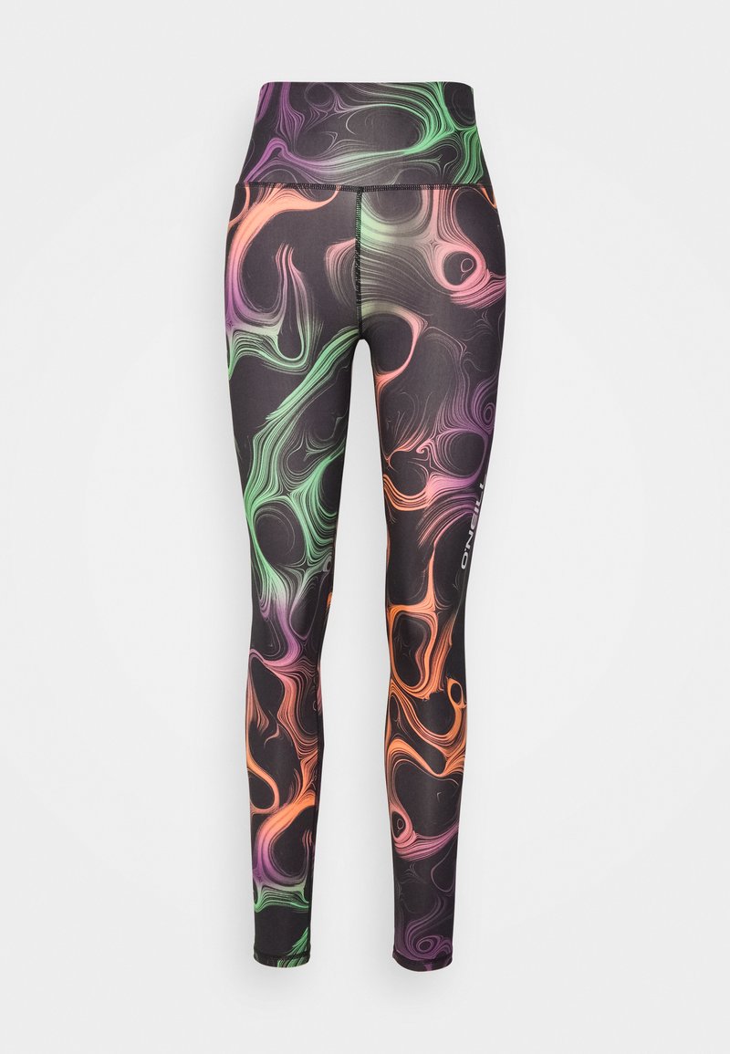 Leggings aus dehnbarem Stoff mit einem mehrfarbigen abstrakten Muster in Grün, Lila, Orange und Schwarz. Hochtailliertes Design.