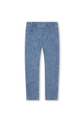 Hellblaue Jeans aus Denim mit Paisleymuster, Slim-Fit, fünf Taschen-Design, Reißverschluss und Metallnieten auf den vorderen Taschen.