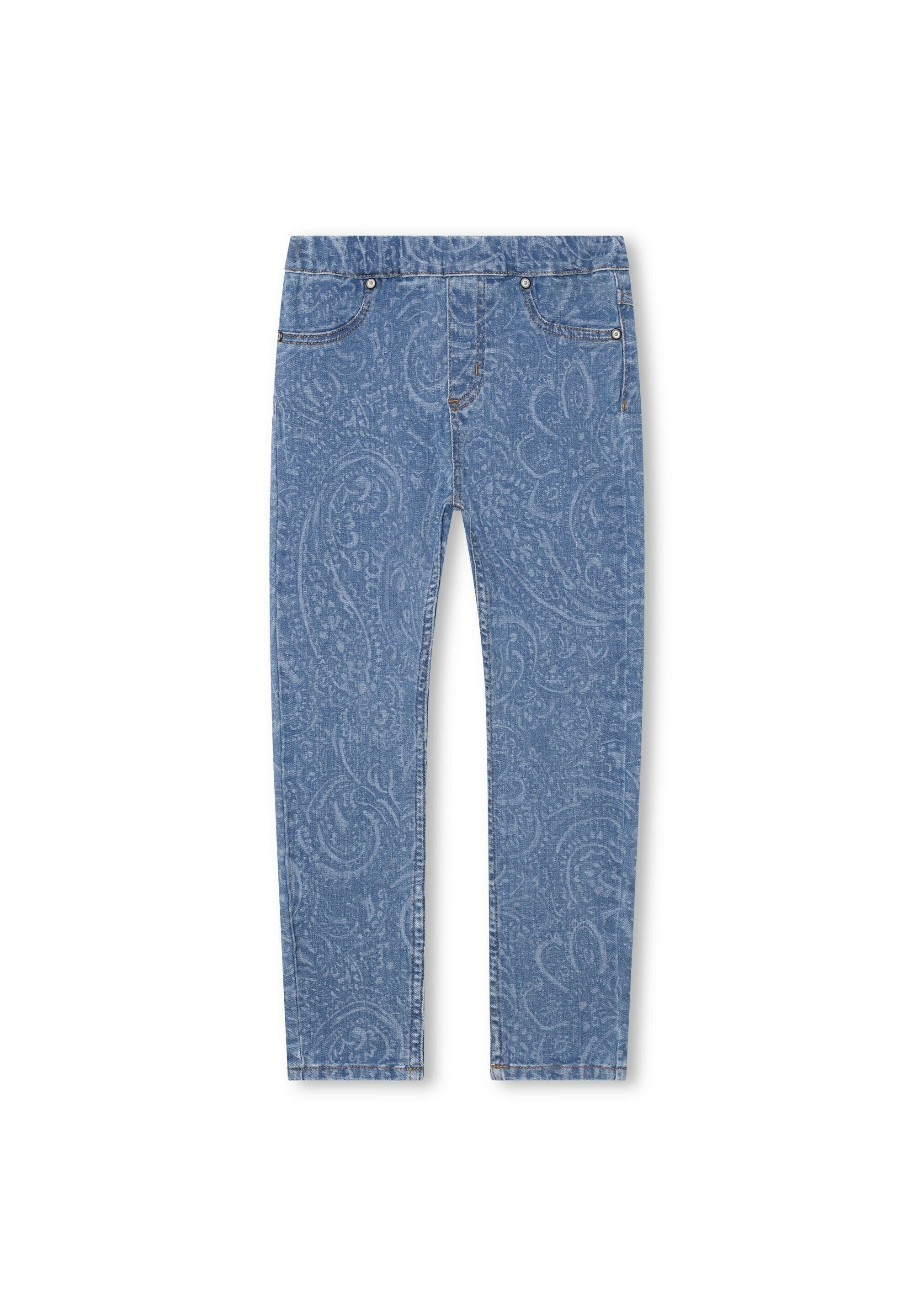 Hellblaue Jeans aus Denim mit Paisleymuster, Slim-Fit, fünf Taschen-Design, Reißverschluss und Metallnieten auf den vorderen Taschen.