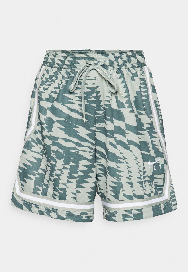 Sportshorts mit tealfarbenem und hellgrauem Zickzackmuster, elastischem Bund mit Kordelzug, weißen Seitenstreifen und Nike "FLY"-Logo am linken Bein.