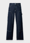 Dunkelblaue Denim-Cargohosen mit geradem Bein, kontrastierenden Nähten, mehreren Taschen und klassischem Knopfverschluss.