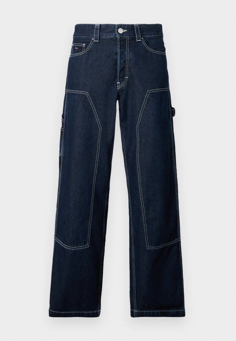 Dunkelblaue Denim-Cargohosen mit geradem Bein, kontrastierenden Nähten, mehreren Taschen und klassischem Knopfverschluss.