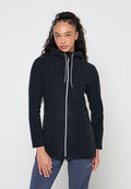 Schwarze Jacke mit Reißverschluss, strukturiertem Muster, verstellbarer Kapuze und kontrastierenden weißen Kordeln. Verfügt über zwei Seitentaschen und eine taillierte Passform.