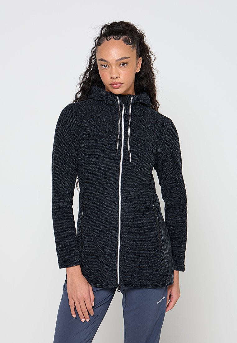 Schwarze Jacke mit Reißverschluss, strukturiertem Muster, verstellbarer Kapuze und kontrastierenden weißen Kordeln. Verfügt über zwei Seitentaschen und eine taillierte Passform.