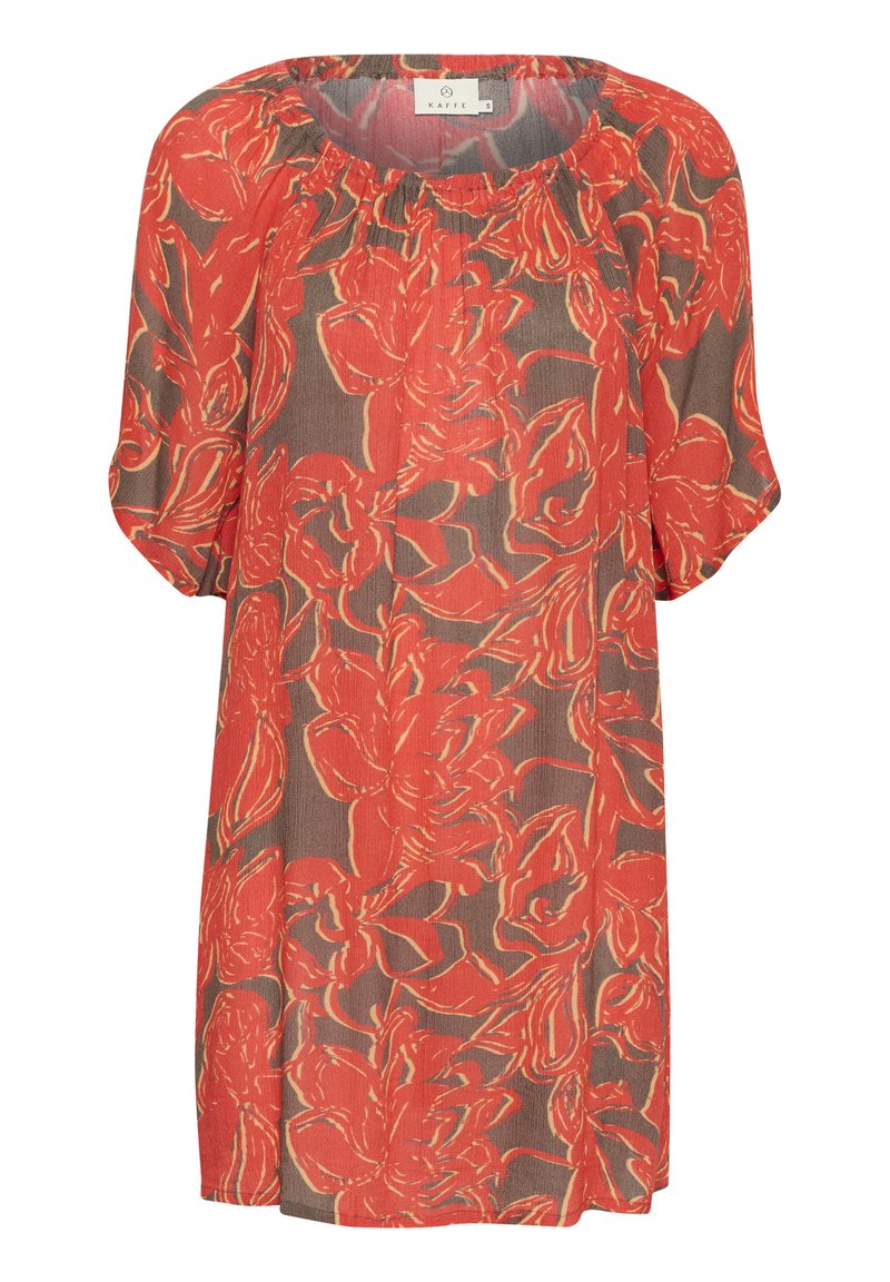 Kurzärmeliges Kleid mit rotem Blumenmuster auf braunem Hintergrund, runder Ausschnitt und gerafftem Detail am Kragen. Größe S angegeben.